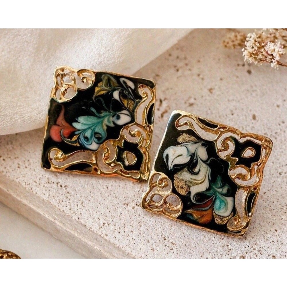 Vintage 1980 Cloisonne Enamel Earrings Gold Tone Black Floral Square Pierced USA